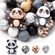 28pcs/Set Cute Panda Silicone Beads Set, Black & White Panda With 15mm Leopard Print Round Beads & 8mm Glass Rhinestone Beads, DIY Jewelry Making Kit, Bracelet, Necklace, Party Favor