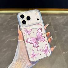 Funda de Teléfono Mariposa Rosa, Compatible con Carga Inalámbrica, Resistente a Impactos, Funda Magnética con Sensación de Piel, Compatible con iPhone 17 Pro Max/17 Air/16/15/14 Plus/13/12/11  Galaxy A56/A55/A54/A36/A35/A26/A25/A16/A15/A06/S25 Ultra/S24 FE/S23 Plus/S22, Estuche de Carga Inalámbrica, Estuche de Teléfono Minimalista, Cubierta de Inspiración Natural, Fijación Magnética Ajustada XUHF - Multicolor - Ver 3