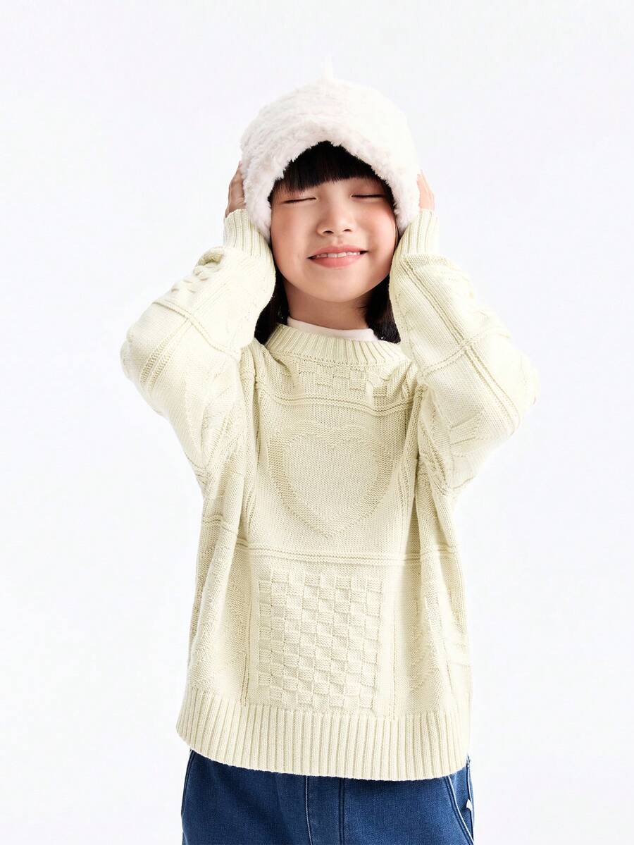 Annil Girls' Round-Neck Pullover Sweater, Winter, Heart-Shaped, Sweet, Loose, Versatile, Warm, Knitted Sweater For Children's Wear. - Jimmy Apricot - View 1
