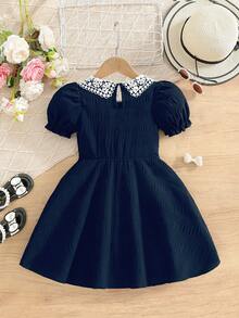 Young Girl' Fashion Casual Ruffle Collar Puff Sleeve Dress + Matching Simple Versatile Bag Set