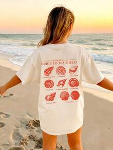 1pc Girls Casual Shell Print Round Neck Short Sleeve T-Shirt, Summer Student Young Clothing - The Shell Print T-Shirt Brings Joy And Happiness To Every Child! COASTAL GUIDE TO SEA SHELLS - Apricot - View 1