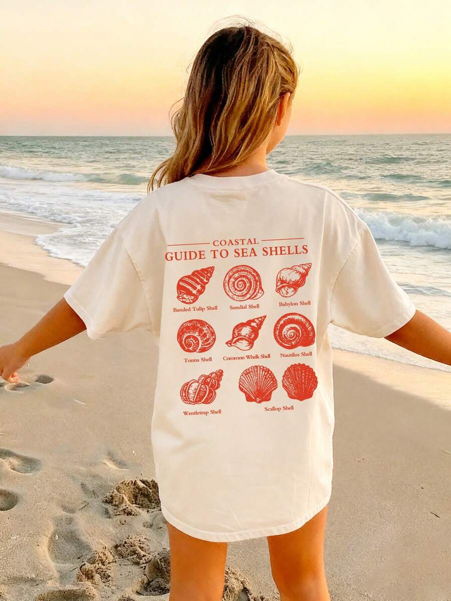 1pc Girls Casual Shell Print Round Neck Short Sleeve T-Shirt, Summer Student Young Clothing - The Shell Print T-Shirt Brings Joy And Happiness To Every Child! COASTAL GUIDE TO SEA SHELLS - Apricot - View 1