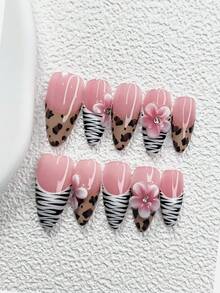 10pcs Romantic Nail Art Set, Hand-Painted French Manicure Stickers, Handmade 5-Petal White & Pink Flower Nail Decorations, Brown Leopard Print, Black & White Striped Nail Art Decals, Includes Nail Tools (1 Jelly Sticker + 1 Nail File), 3 Sizes: Almond, Duck Mouth, Coffin, Suitable For Women To Use On Weddings, Parties, Holidays, Festivals, An Excellent Gift For Ladies. Nails Nail Supplies Handmade Press On Nails - Nhiều màu - Xem 3