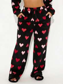 Womens Fleece Pajama Pants Heart Print Wide Leg Loose Fit Trousers Valentine's Day Sleepwear PJs For Women - 彩色 - 查看 3