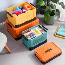 1 pieza Caja de almacenamiento pequeña plegable, diseño a prueba de humedad y ahorro de espacio con tapa abatible de plástico duradero, adecuada para el hogar, maletero del coche, dormitorio, organizador rectangular naranja y azul, estante de almacenamiento para exteriores - Multicolor - Ver 7
