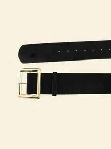 1pc Women's Black PU Suede Fabric Cinched Waist Waist Versatile A-Line Dress - Black - View 4