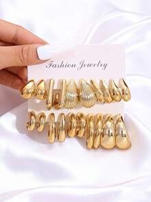 1 Set Fashionable & Elegant CCB Geometric Pattern Earrings Set, Casual Everyday Wear, Gift For Friends, Holiday/Birthday - Yellow Gold - View 4
