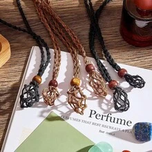 Natural Stone Hand-Woven Net Bag Necklace, Adjustable Retractable Vintage Cord Pendant, Bohemian Style Healing Crystal, Unique Design, Versatile For Daily Wear And Vacation, Great Gift For Friends