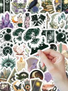 52/104 Pcs Witch Aesthetic Stickers, Mystical Tarot Crystal Raven Decals, Retro Gothic Watercolor Vinyl Stickers, Suitable For Diary, Phone Case, Laptop, Dark Academia Style Gift, Kindle Stickers, Scrapbook Supplies, Journaling Supplies, Desk Accessories - Green - View 4