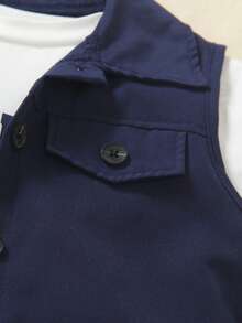 2025 New 3-Piece Set For Toddler Boys: Button Front Vest, Letter Print T-Shirt, And Cargo Pants, Summer - Navy Blue - View 5