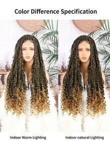 32 Inches Full Double Lace Front Square Knotless Box Braided Wigs With Boho Curls Ends Black Mix Brown Box Braids Wig With Baby Hair For American Women Synthetic Lace Frontal Braid Wigs Daily Used Christmas , New Year, Carnival, Music Festival