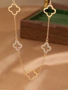 1 pieza Collar con colgante de trébol de cuatro hojas de metal hueco con rhinestones, de estilo minimalista y versátil, adecuado para adolescentes, uso diario, fiestas, reuniones, atuendos festivos, regalo - Amarillo Oro - Ver 1
