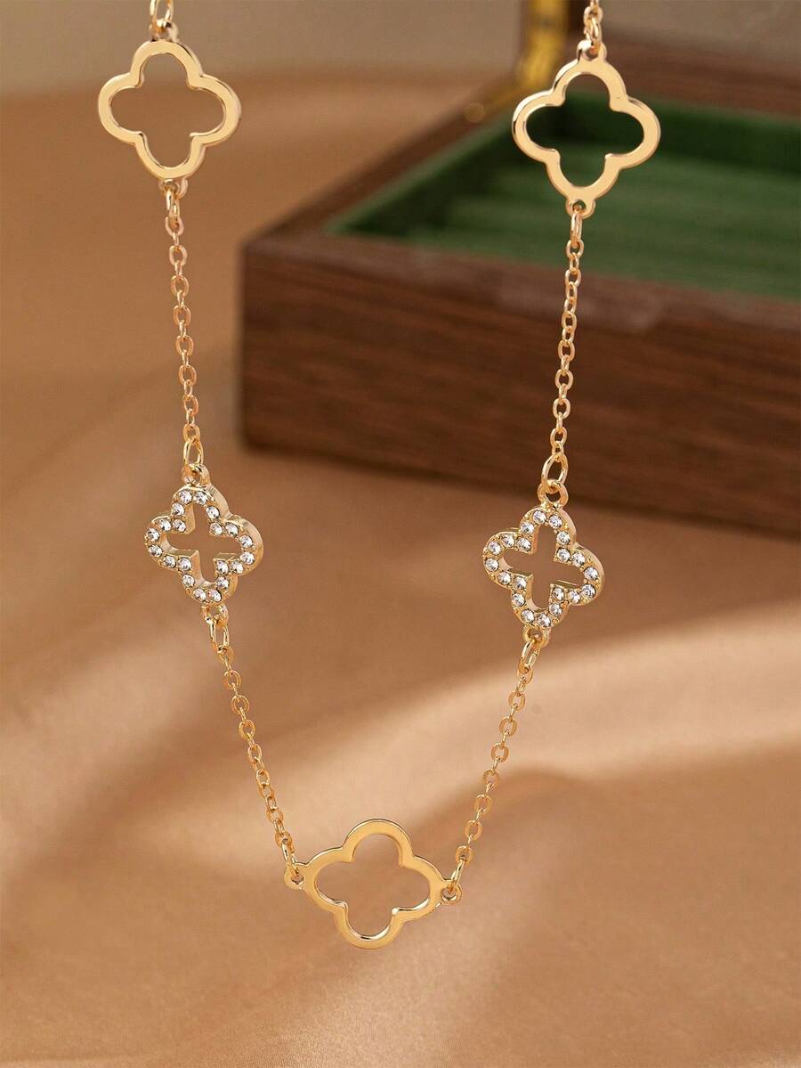 1 pieza Collar con colgante de trébol de cuatro hojas de metal hueco con rhinestones, de estilo minimalista y versátil, adecuado para adolescentes, uso diario, fiestas, reuniones, atuendos festivos, regalo - Amarillo Oro - Ver 1