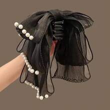 European And American Style Multi-Layer Pearl Claw Clip High-End Black Ribbon Vintage Fashion High Ponytail Hair Clip For Women Back Of Head - 白色 - 查看 6