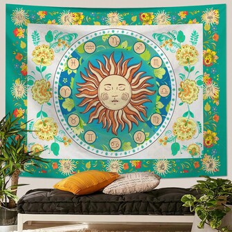 1 pieza Tapiz con estampado floral de constelación solar bohemia, decoración de fondo, decoración de pared, tapiz colgante de poliéster, decoración de pared para sala de estar, dormitorio, oficina, dormitorio, decoración del hogar, decoración de fiesta, paño colgante de pared rectangular de cocina con cortina, incluye 3 clavos de pared y 2 clips