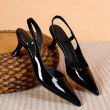 Zapatos de tacón alto Nuevo estilo con una sola correa, tacón ultra alto, punta abierta, tacón fino, puntera cubierta al estilo francés con punta abierta, parte trasera abierta, parte superior de charol con correa hueca en la parte trasera del talón, tacón fino, sandalias de tacón alto al estilo francés, elegantes y cómodas. - Negro - Ver 3