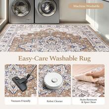 10x14 Area Rug Living Room, Vintage Washable Area Rug Non Slip Backing Low Pile, Floral Soft Foldable Carpet For Bedroom Dining Room, Brown/Beige - Nâu/Beige + 10' x 14' (Hình chữ nhật) - Xem 4