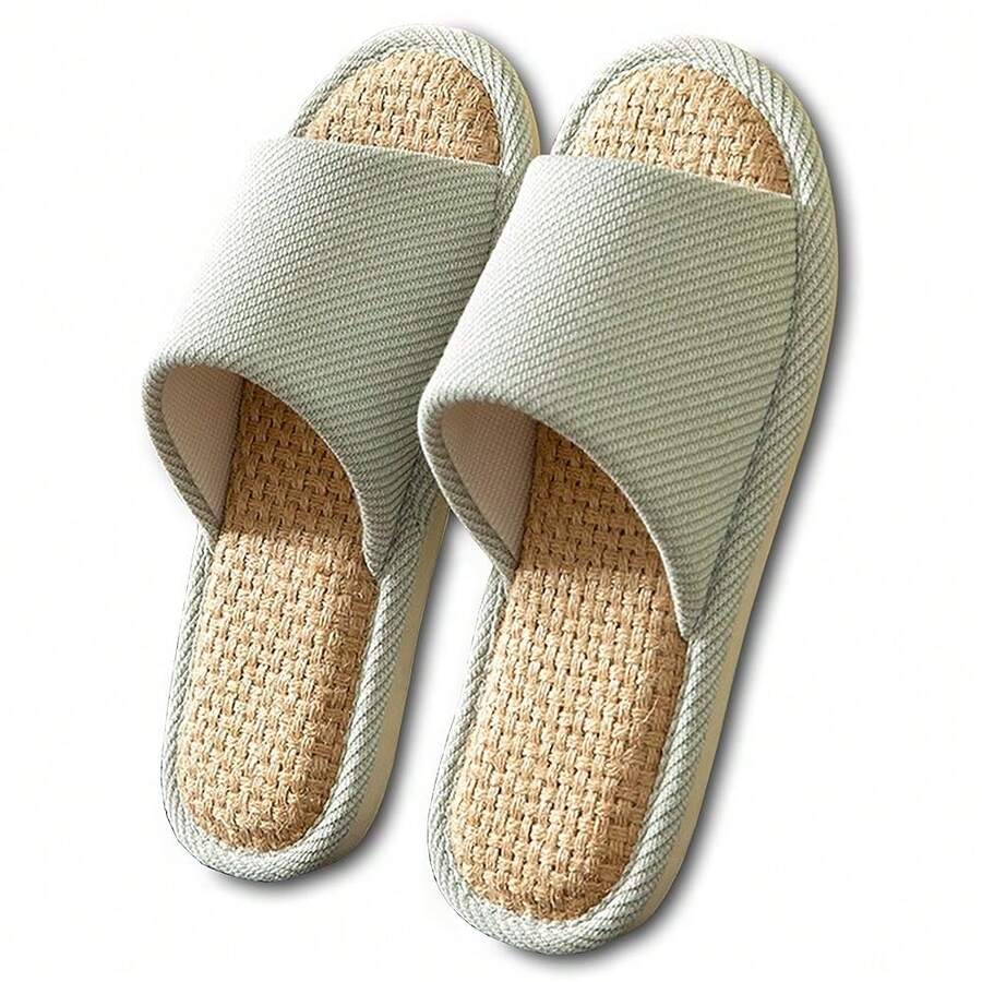Women And Men House Fabric Slippers Indoor And Outdoor, Non-Slip Memory Foam Open-Toe Home Shoes, Soft Bottom Linen Unisex Washable Cotton Casual,5-6Women/3-4Men,Green - 綠色 - 查看 1