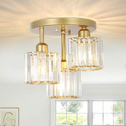Modern Semi Flush Mount Ceiling Light,3-Light Golden Crystal Close To Ceiling Light Fixtures,Kitchen Light Fixtures With Clear Crystal Shade,Hallway Light Fixtures For Hallway Bedroom Bathroom
