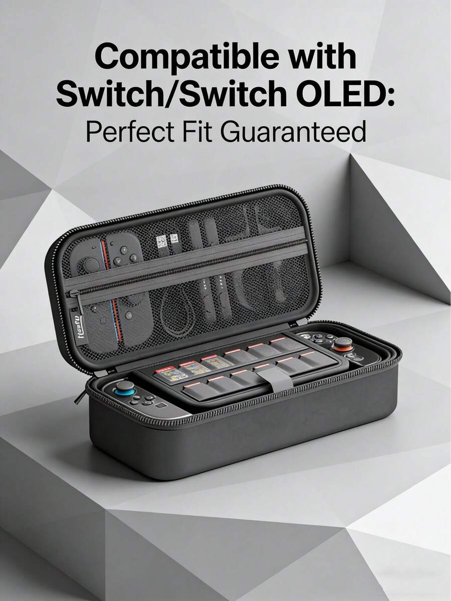 18 Game Card Capacity Portable Protective Case For Nintendo Switch/Switch OLED, Hard Shell Travel Carrying Bag For Console & Accessories, With Game Card Slots, LED Light Switch Cover, Black - Black - View 1