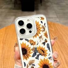 Carcasa de TPU Transparente con Estampado de Girasoles Dorados sobre Fondo Negro Protección Anticaídas con Bordes Elevados para iPhone 16 15 14 13 12 11 Plus Pro Pro Max 16E y  Galaxy Serie Regalo Perfecto para Navidad Amigo Pareja o para Ti Mismo - transparente - Ver 9