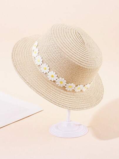 1顶女童3-6岁防晒平沿雏菊蕾丝草帽，春夏两季日常旅行皆宜