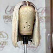 沙龙级染发假发，天鹅绒灰金色短款波波头，100%真人发，180%密度，13x4升级裸色蕾丝前额假发，适合白人女性，可自由分缝/中分/侧分，10英寸/12英寸，2026新款流行假发 - 彩色 - 查看 12