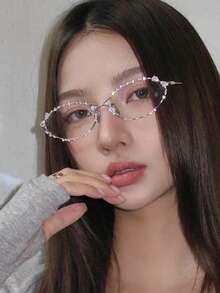 Rhinestone Oval Eyeglasses Frame, Niche High-End Non-Prescription Glasses, Metal Minimalist Style For Photography - Multicolor - View 4