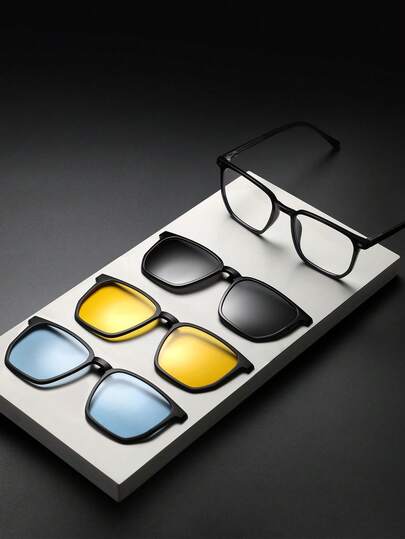 三合一磁吸眼镜套装，方形大框，时尚百搭，适合办公和阅读，黑色