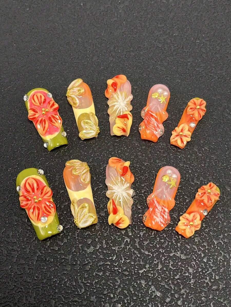 10片装3.3厘米纯手工方形美甲贴片,饰有水钻、水滴、圆点和花朵图案。美甲套装,适合女性和女孩参加派对、节日和日常佩戴。美甲配件,亚克力美甲套装,包含套装、手工压制美甲贴片、假指甲贴纸和美甲用品。手工压制美甲贴片 - 彩色 - 查看 1