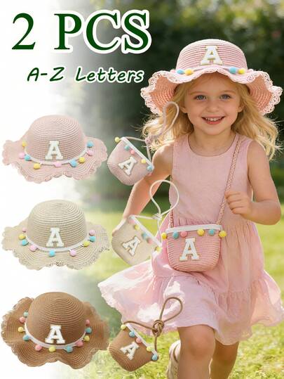 2pcs Girls' Straw Hat & Coin Purse Set, White 26 Letter, Summer Wide Brim, Outdoor, Colorful Ball Decor Straw Hat, Colorful Ball Crossbody Bag, Sun Protection, Suitable For Beach, Outdoor Activities, Travel, Party, Leisure, Performance, Hiking