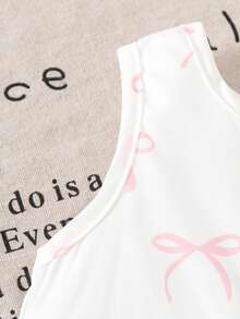2 peças/Conjunto Casual Doce de Meninas Bebê com Estampa de Laço, Regata com Laço + Shorts Jacquard Confortáveis, Conjunto de Verão para Férias - Rosa chiclete - Visão 5