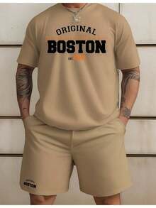 Boston Set: T-Shirt + Sweat Shorts Set (100% Cotton Premium Line) + Sweat Shorts With Pocket - Beige T-shirt, Black Bermuda Shorts - View 6