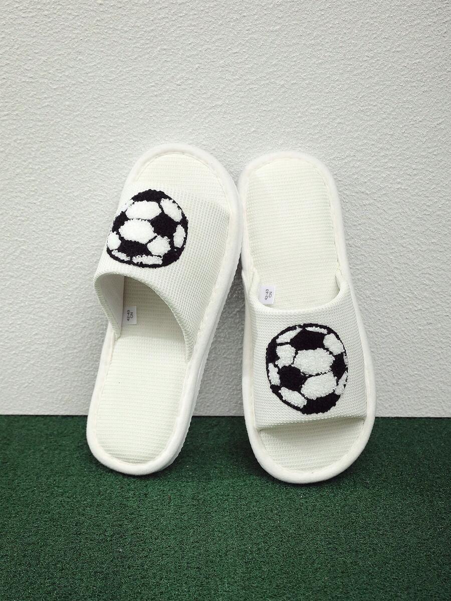 Women's New Football/Soccer Embroidered Fabric Slippers, Casual Indoor Home Suitable For Hardwood Floors, All Season Wear - White - View 1
