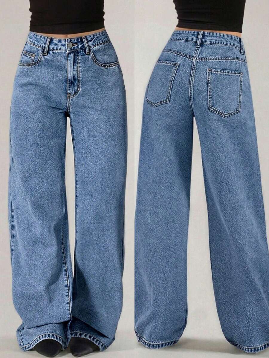 Women's Pocket Loose Wide Leg Casual Versatile Jeans Spring - Medium Wash - View 1