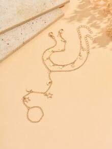 2pcs/Set Star & Moon Tassel Element Finger Chain Set, Fashionable Double-Layer Stackable Bracelet, Handmade Adjustable Length, Suitable For Daily Wear, Dates And Photo Shoots - Multicolor - View 3