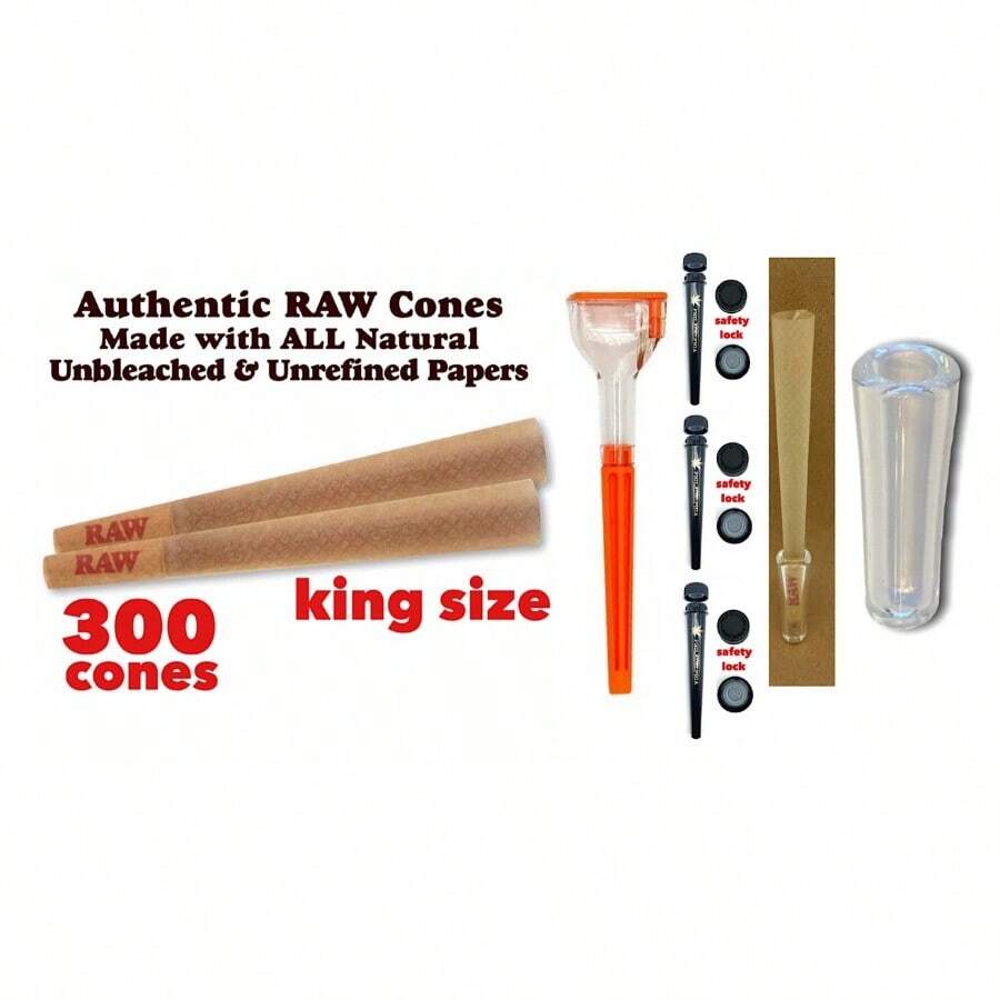 Raw Cone Classic King Size Cone 300 Pack +3X Tube+Glass Tip +Cone Loader Filler - 如圖所示 - 查看 1