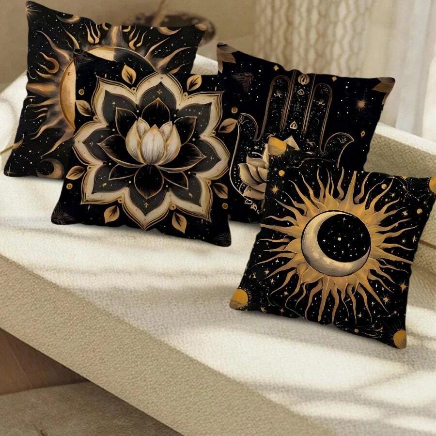 TOPSSCTR 4pcs, Meditation, Lotus, Sun, Moon And Stars Throw Pillow Cover, Comfortable Soft Cushion Covers With Zipper Closure, 45 X 45 Cm Printed Pillowcase Suitable For Home Sofa Decoration, Ramadan Decor, Without Pillow Cores - Multicolor - View 1