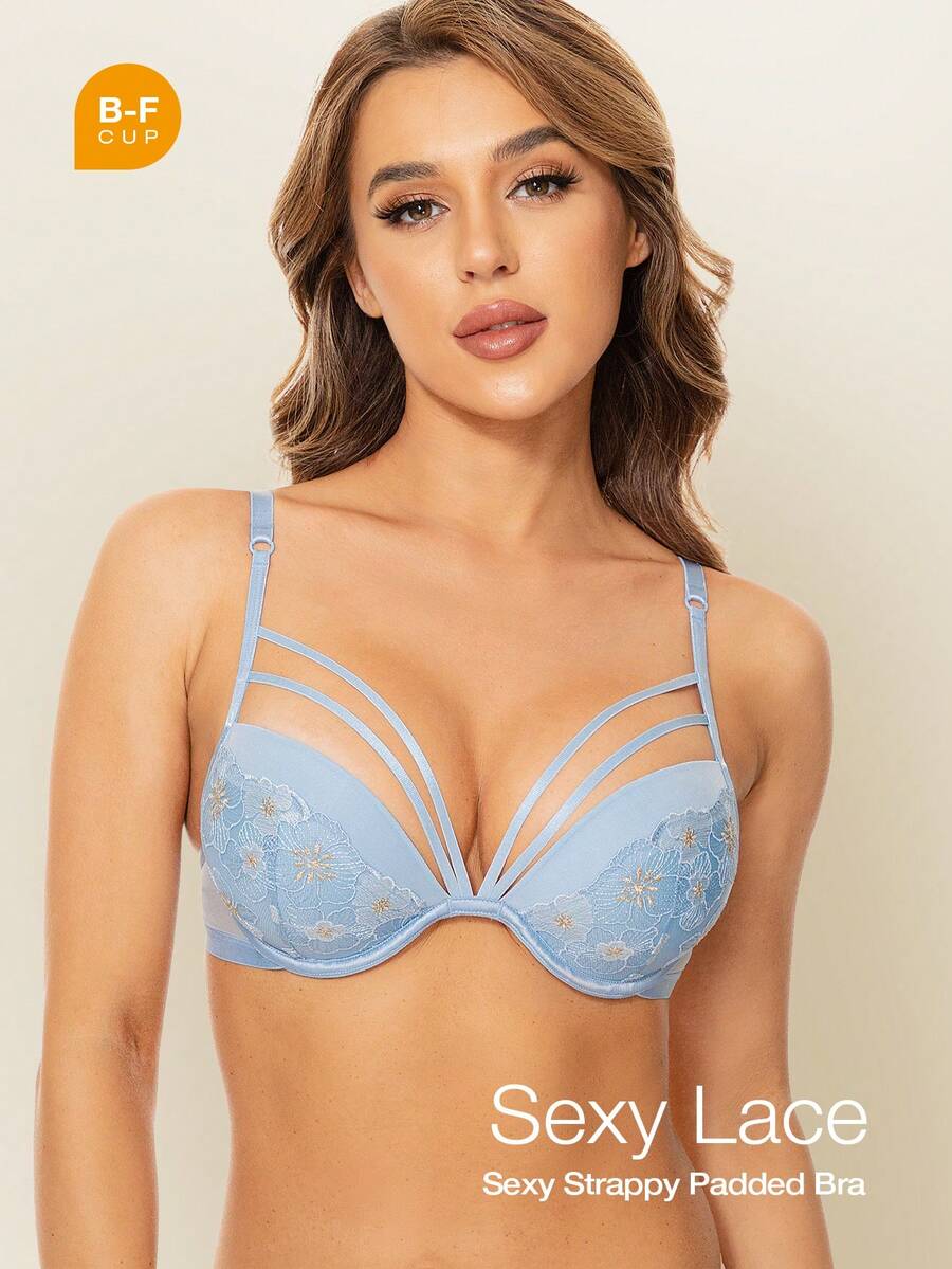 Wingslove Dieser hellblaue multifunktionale Push-Up-BH mit bestickten Blumendetails, verstellbaren Kreuz-/Normalträgern und extra dicker Polsterung bietet zwei Körbchengrößen mehr. Mit seinem eleganten Design und ganztägigem Tragekomfort ist er die ideale Wahl für festliche Anlässe, den Alltag und modische Looks, was ihn zu einer vielseitigen und figurschmeichelnden Option für die Unterwäsche macht. - Blau - Übersicht 1