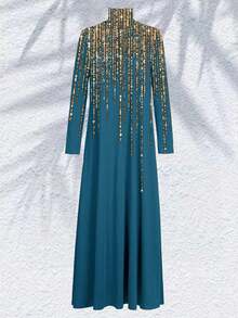 Women's Middle Eastern High Neck Dress Long Sleeve Loose Floor Length Middle Eastern Muslim Ramadhan Abaya - Blue - View 3