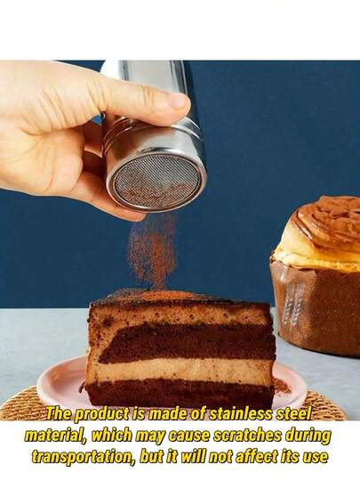 Rostfritt stålpulversockerskakare med lock. Pulversikt i rostfritt stål, lämplig för kakaopulver, kanelpulver och kaffepulver. Finmaskig siktbehållare, lämplig för bikarbonat, kakaopulver, majsstärkelse, kaffepulver och andra pulver. Pulversikt.