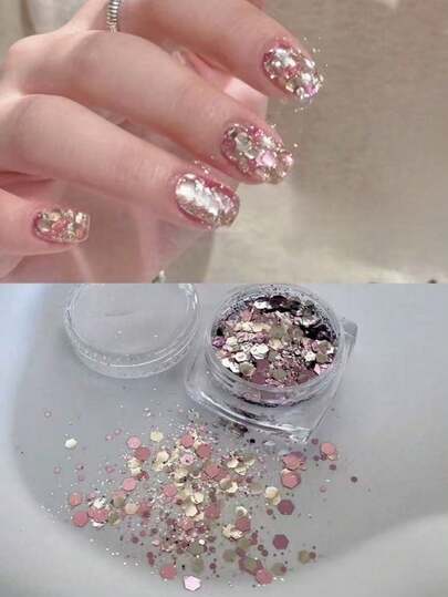 2 Boxes Champagne Pink Glitter Nail Art Sequins Mix, Asymmetrical Shiny Rhinestone Decorations - Essential DIY Tools For Creating Delicate Lady-Like Nails, Nail Art Accessories, Versatile Nail Decorations For Daily Use