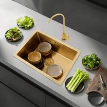 YUNRUX Inset Kitchen Sink, Stainless Steel Sink, Single-Bowl Kitchen Sink - Gold - View 7