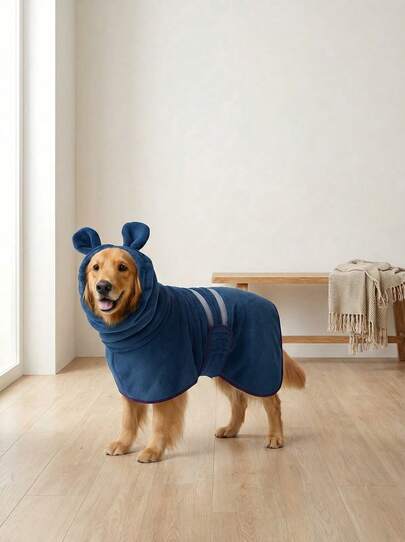 PETSIN 1pc Dog Bathrobe, Cat Dog Quick Dry Towel Robe With Hood & Ear Decor, Warm Plush Sleepwear Suitable For Small/Medium/Large Dogs