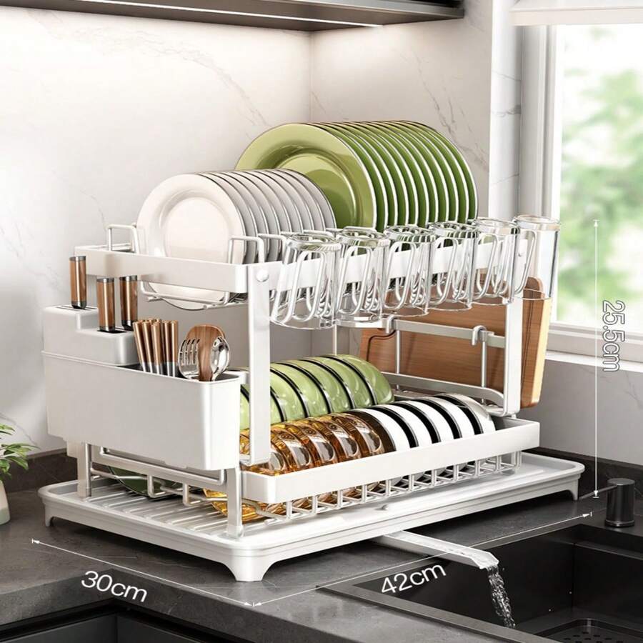 1pc Double-Layer Steel Dish Drying Rack With Cutlery Holder, Cup Rack And Extra Drip Mat, Space-Saving, Rust-Resistant, Kitchen Storage Essential, Sturdy Construction, Holds Plates, Cups And Utensils, Easy To Clean - Multicolor - View 1