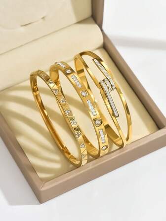 3 قطع / 1 قطعة سوار مطلي بالذهب الأصفر عيار 18 قيراط من الفولاذ المقاوم للصدأ بشكل أربع أوراق البرسيم، مناسب للحفلات والاستخدام اليومي للنساء، بطراز أوروبي وأمريكي، مخصص، سخي، سوار فاخر مرصع بالزركونيا المكعبة، طقم مجوهرات زفاف، هدية للبنات والنساء والأقارب والأصدقاء، لمناسبات الزفاف والأعياد والعيد