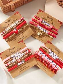 4/5/6pcs Valentine's Day LOVE Bracelet, Multi-Layer Rose, Couple Pink Heart Envelope, Soft Clay Beaded Elastic Bracelet, Valentine's Day Gift - Red - View 9