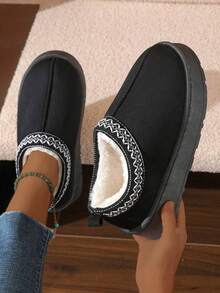 冬季时尚全绒拼接雪地靴、踝靴、情侣厚底保暖拖鞋、室内/室外防滑耐磨复古拖鞋 - 黑色 - 查看 3