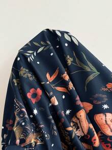Rusttydustty Vestido con cuello en V, cintura con lazo y estampado bohemio de mariposas y flores - Azul Marino - Ver 7
