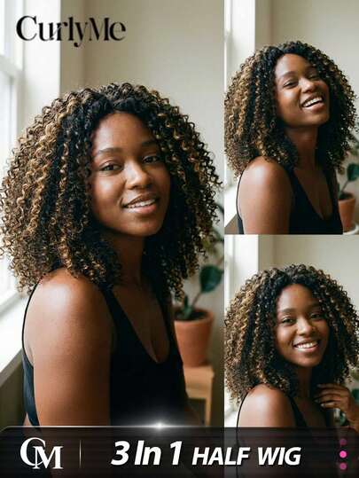 CURLYME Wear & Go Blonde Highlight Ombre Kinky Curly Half Wig 3-In-1 Drawstring Human Hair Wig Pre-Styled Seamless Natural Hairline 180% Density 14–16 Inch Bob 18–26 Inch Long Glueless Beginner Friendly Unprocessed Virgin Hair Christmas Wig